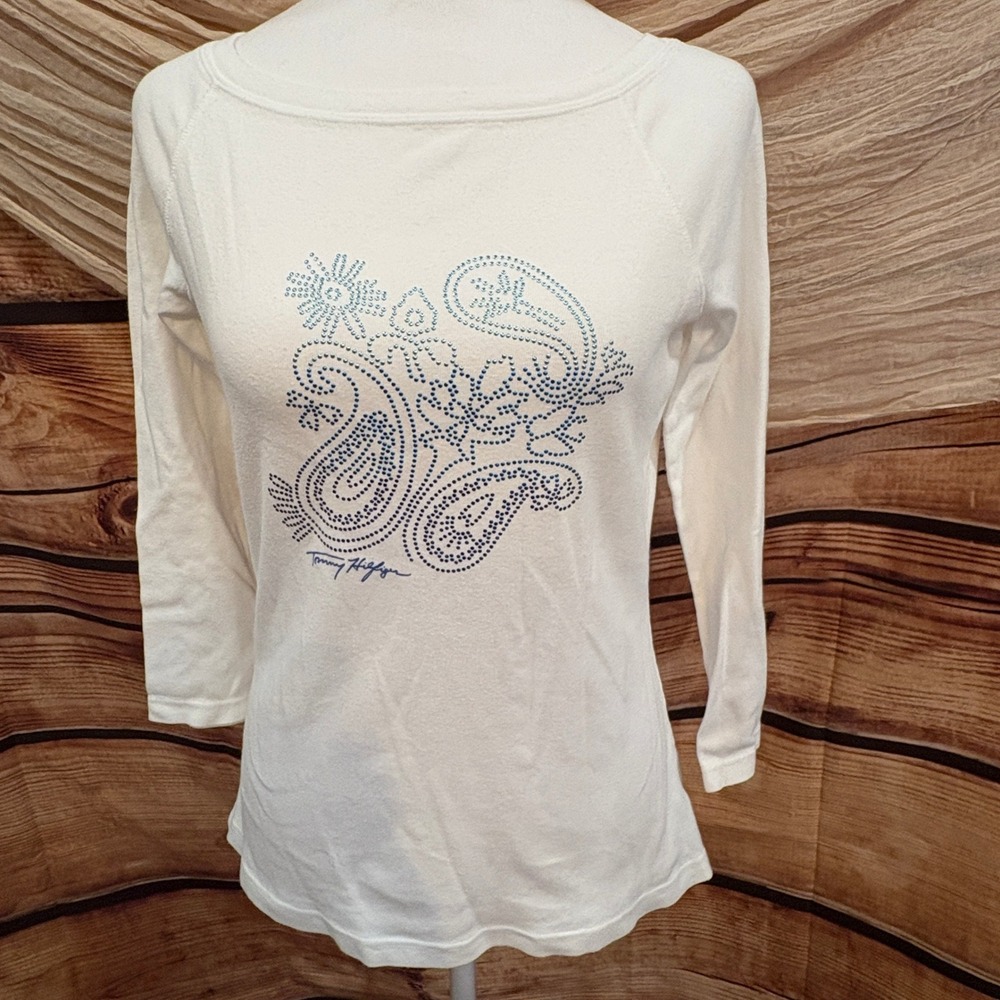 Tommy Hilfiger Womens White Long Sleeve Blue Jeweled Ombre‎ Tee Size M